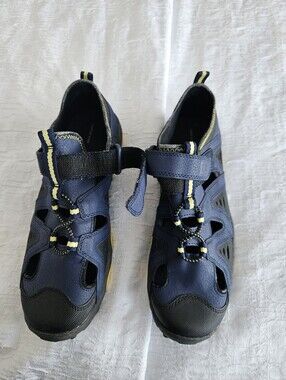 Mens Lands End Navy Blue Outdoor Sandal Sneakers with Yellow Trim